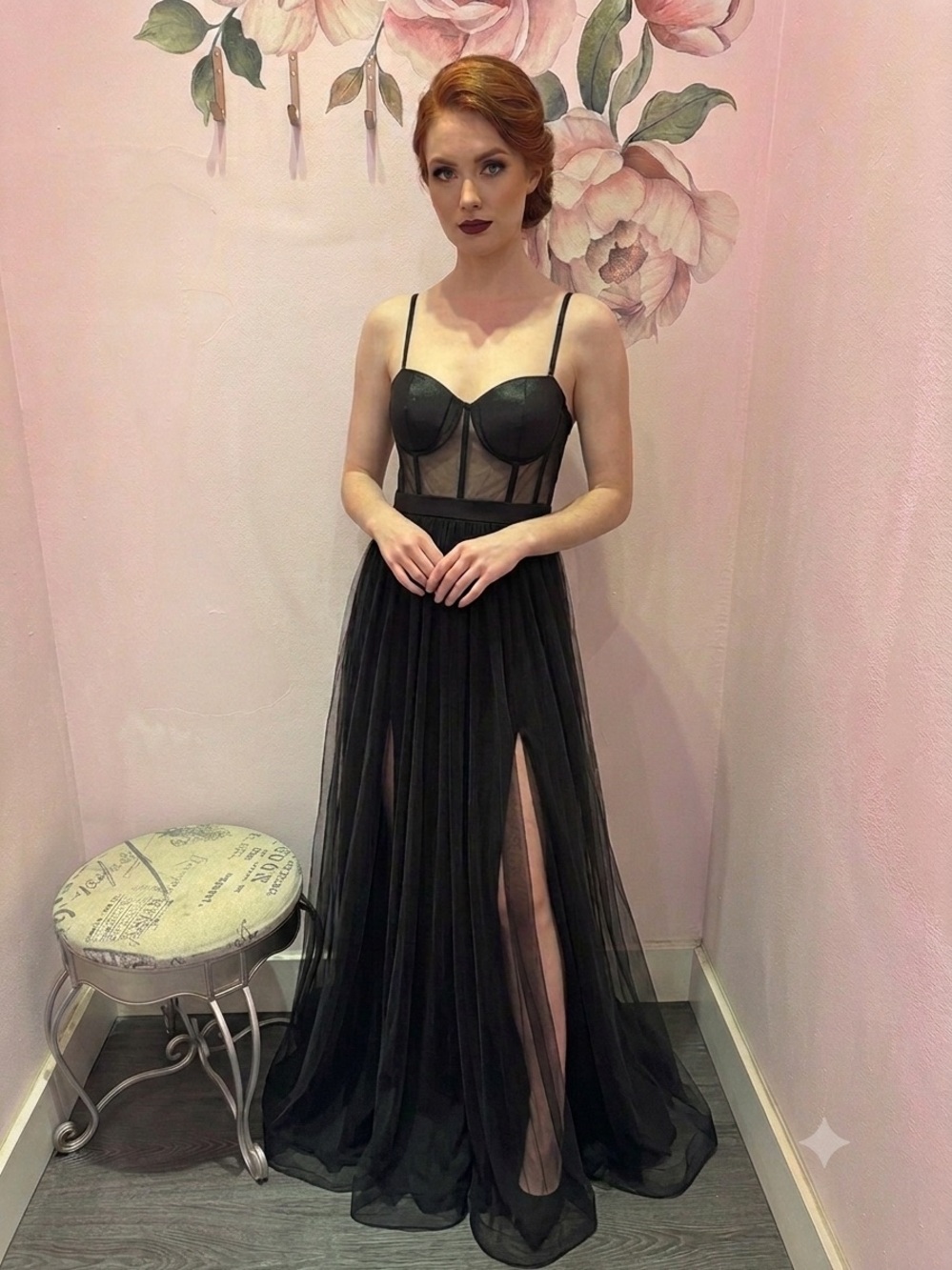 Black Mesh Bustier Evening Gown with High Slits